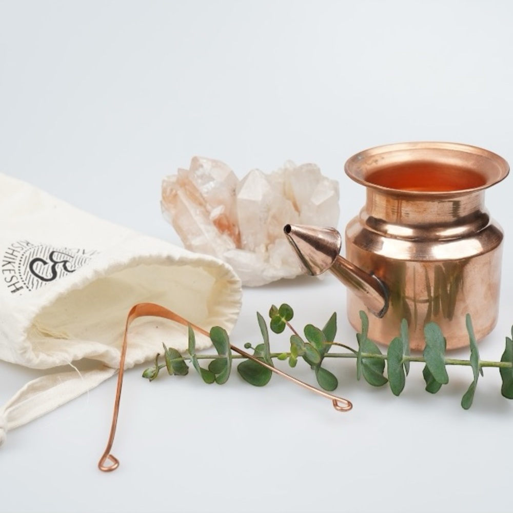 Pure Copper Neti Pot + Tongue Scraper Set with Natural Cotton Carry Bags